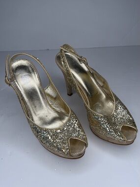 Browns Gold Glitter Peep-Toe Slingback Heels size 38 or 7.5 US